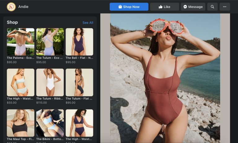An example of a Facebook digital storefront from QuickFrame partner Andie